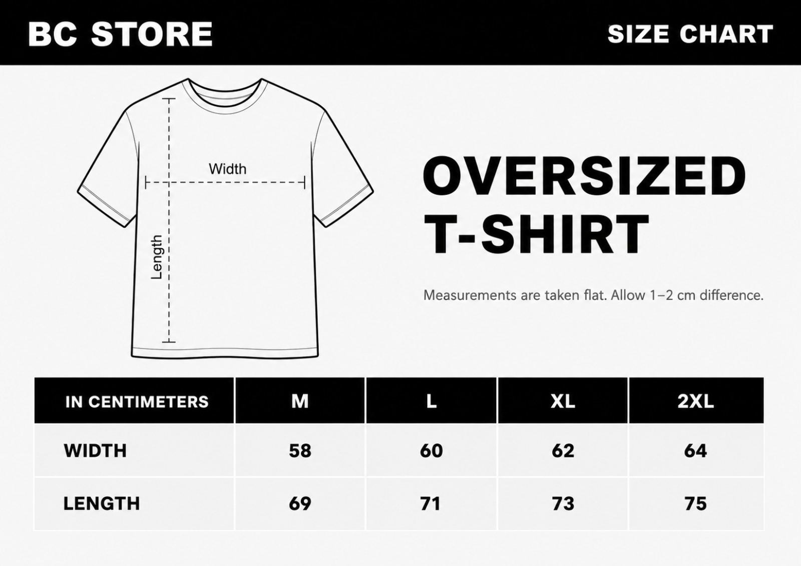 تيشيرت اوفر سايز size chart
