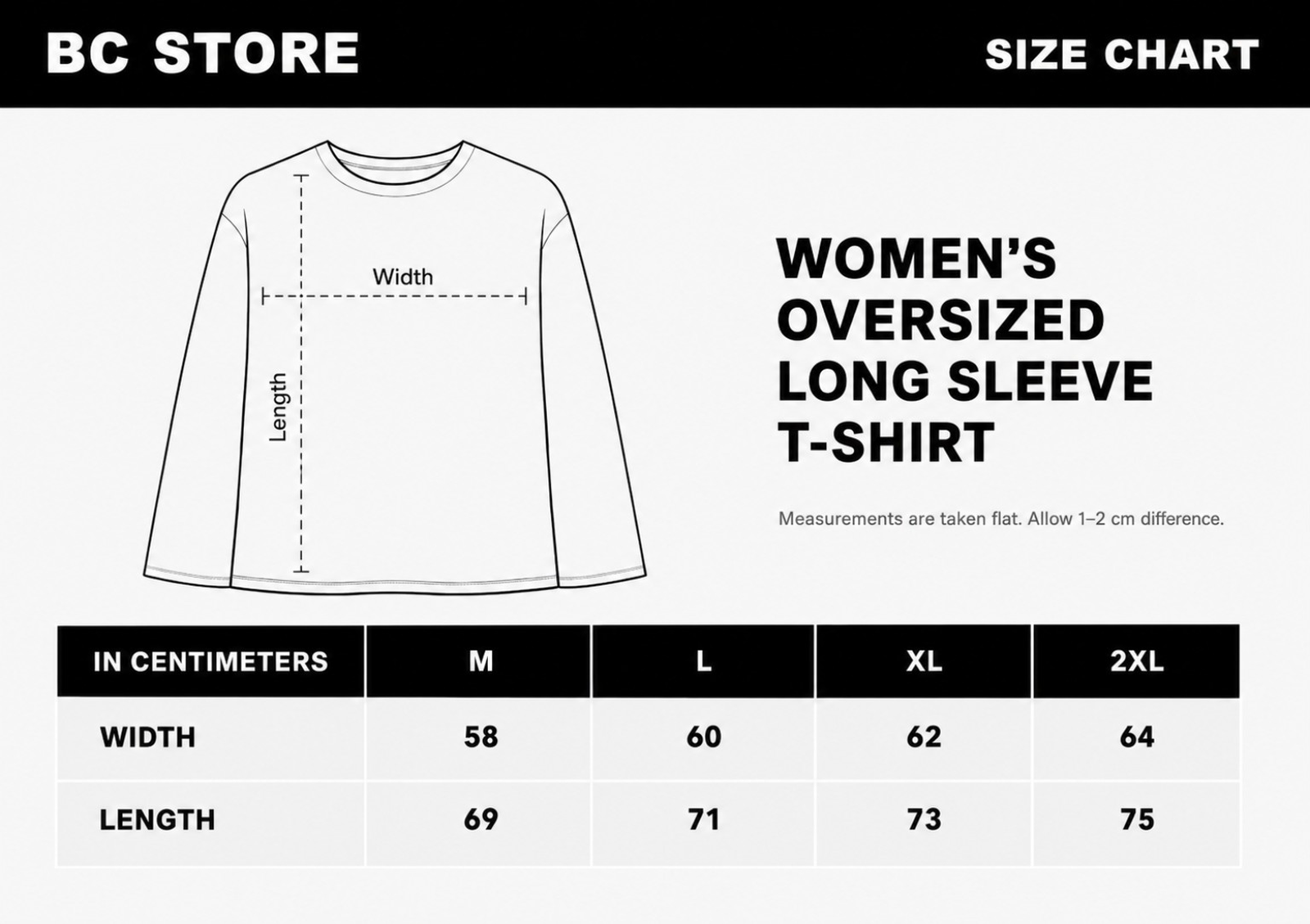 تيشيرتات اوفر سايز نسائية بأكمام طويلة size chart